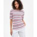 Women's Striped Elbow-Sleeve Top, Exclusively at Macy's Movement Red, L