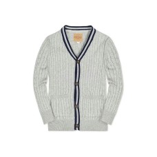 Baby Boys Long Sleeve Cable Knit Cardigan Sweater with Stripe Trim Gray heather cable with navy, 6-12 месяцев