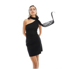 Stradivarius tie detail one shoulder top in black Черный, XL - US 10