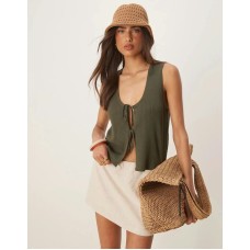 JDY tie front reversible knitted vest in khaki Зеленый, L - US 8