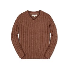 Boys Organic Long Sleeve Fine Gauge Cable V-Neck Sweater Cinnamon heather cable, Small