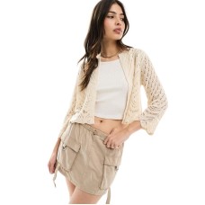 JDY 3/4 sleeve crop broderie cardigan in cream Бежевый, XS - US 2