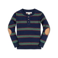 Boys Organic Long Sleeve Henley Pullover Sweater with Elbow Patches Navy collegiate green stripe, Medium