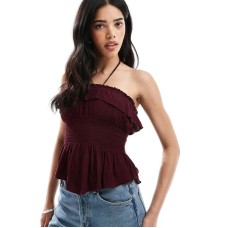 Bershka shirred ruffle bandeau top in burgundy Бордовый, M - US 6