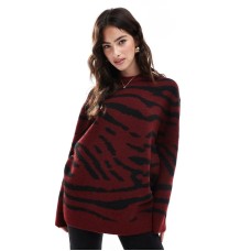 ASOS DESIGN crew neck jumper in burgundy zebra print Бордовый, XS - US 0-2