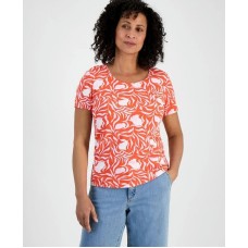 Women's Printed Scoop-Neck Short Sleeve Top, Exclusively at Macy's Milo Orange, S