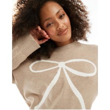 Cotton On luxe crew pullover knitted jumper in cream with bow intarsia Bow intarsia, XS - US 4