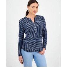 Petite Geometric Button-Placket Top, Exclusively for Macy's Tyra Strip, P/M