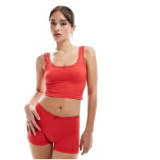 ASOS DESIGN Iris ribbed vest and short set with lace trim in red Красный, L - US 12-14