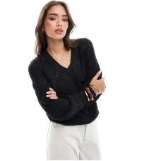 Vila crochet detail v neck knitted jumper in black Черный, 2XL - EU 46