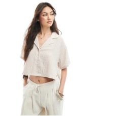 Bershka linen look short sleeve boxy shirt in beige stripe Бежевый, XS - US 2
