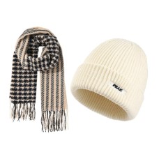PEAK Knit Scarves Women's Black+Beige F, Plaid Fringe Elegance Scarves+Beige Thermal Hat